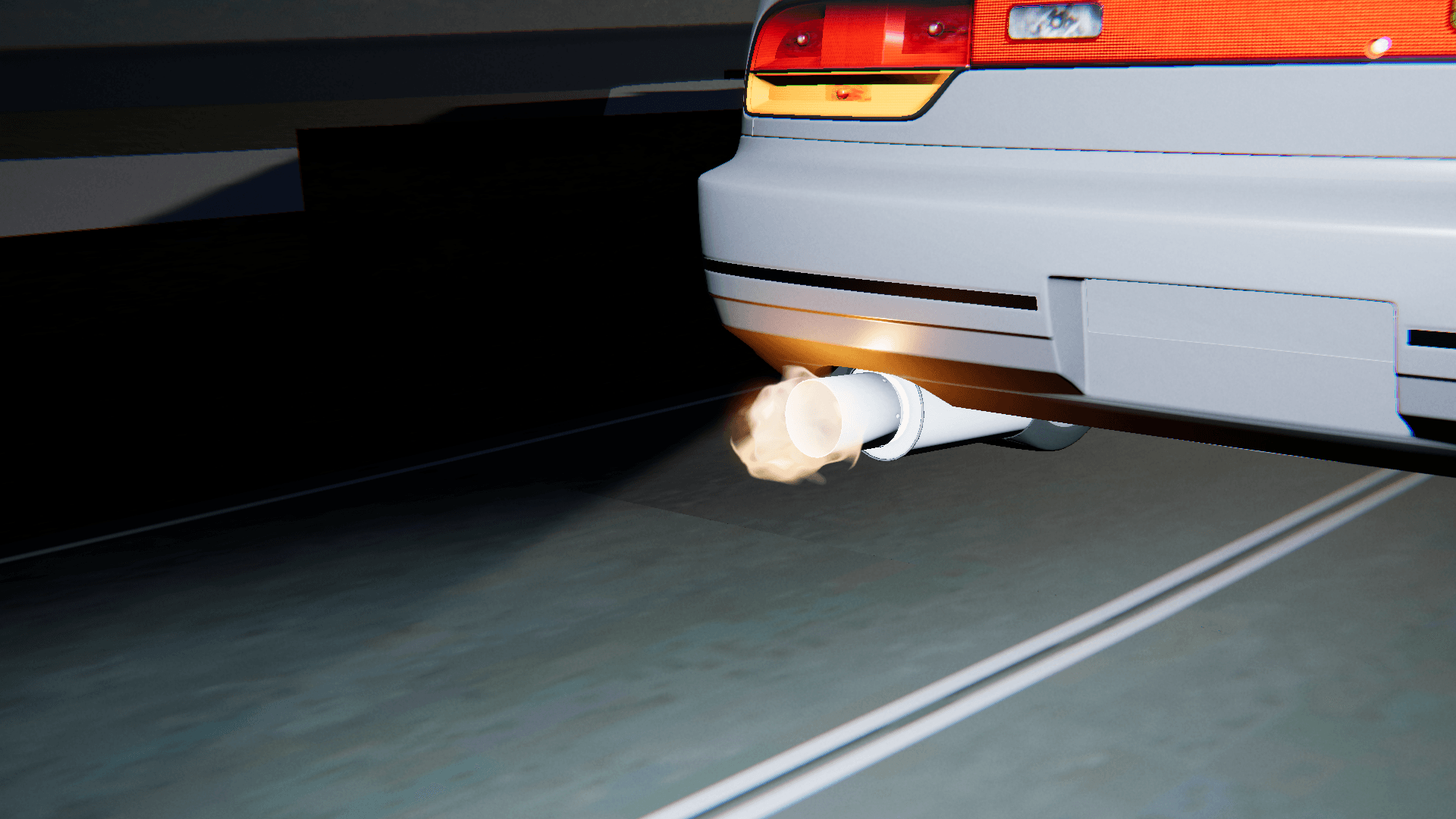 Amber gasoline afterfire from the exhaust of a Project Tourge car