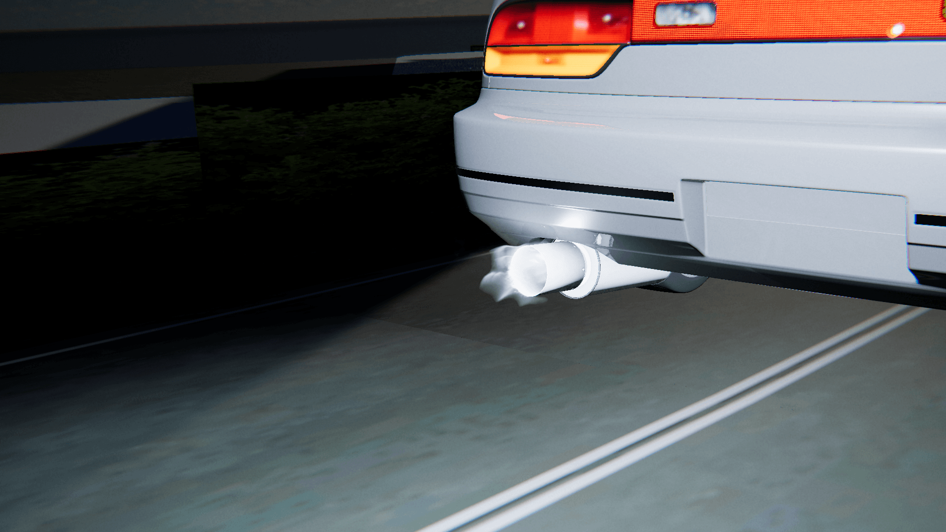 Blue-white methanol afterfire illuminating the rear bumper of a Project Tourge car
