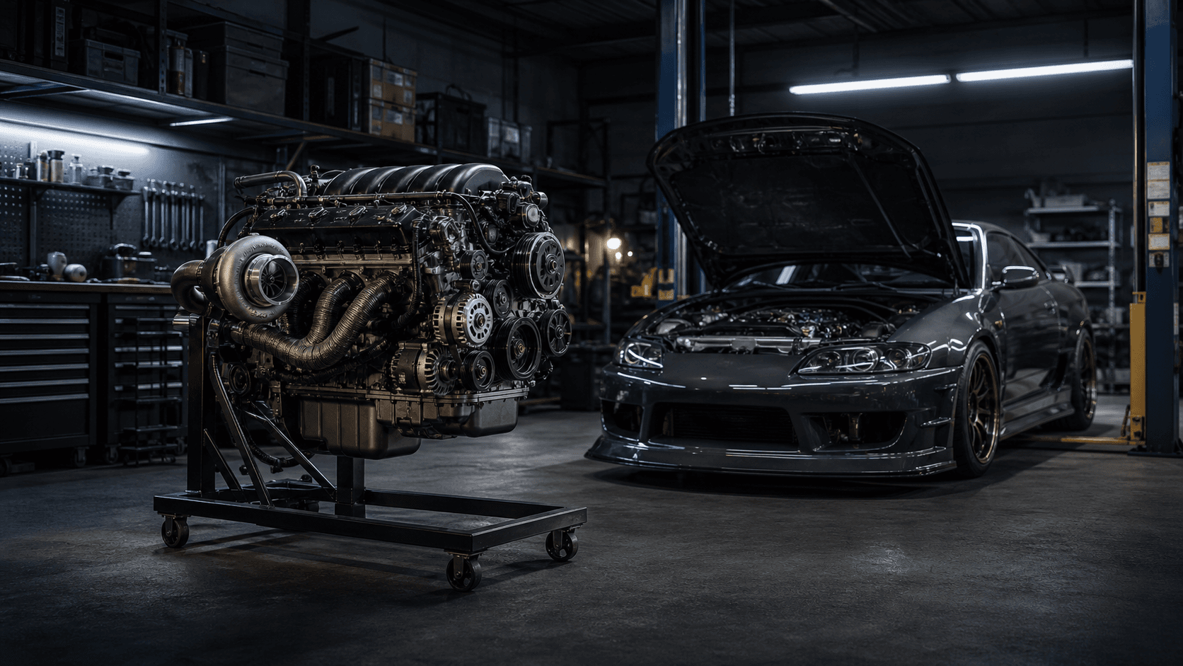 AI-generated concept of a stored engine assembly beside a car in a workshop