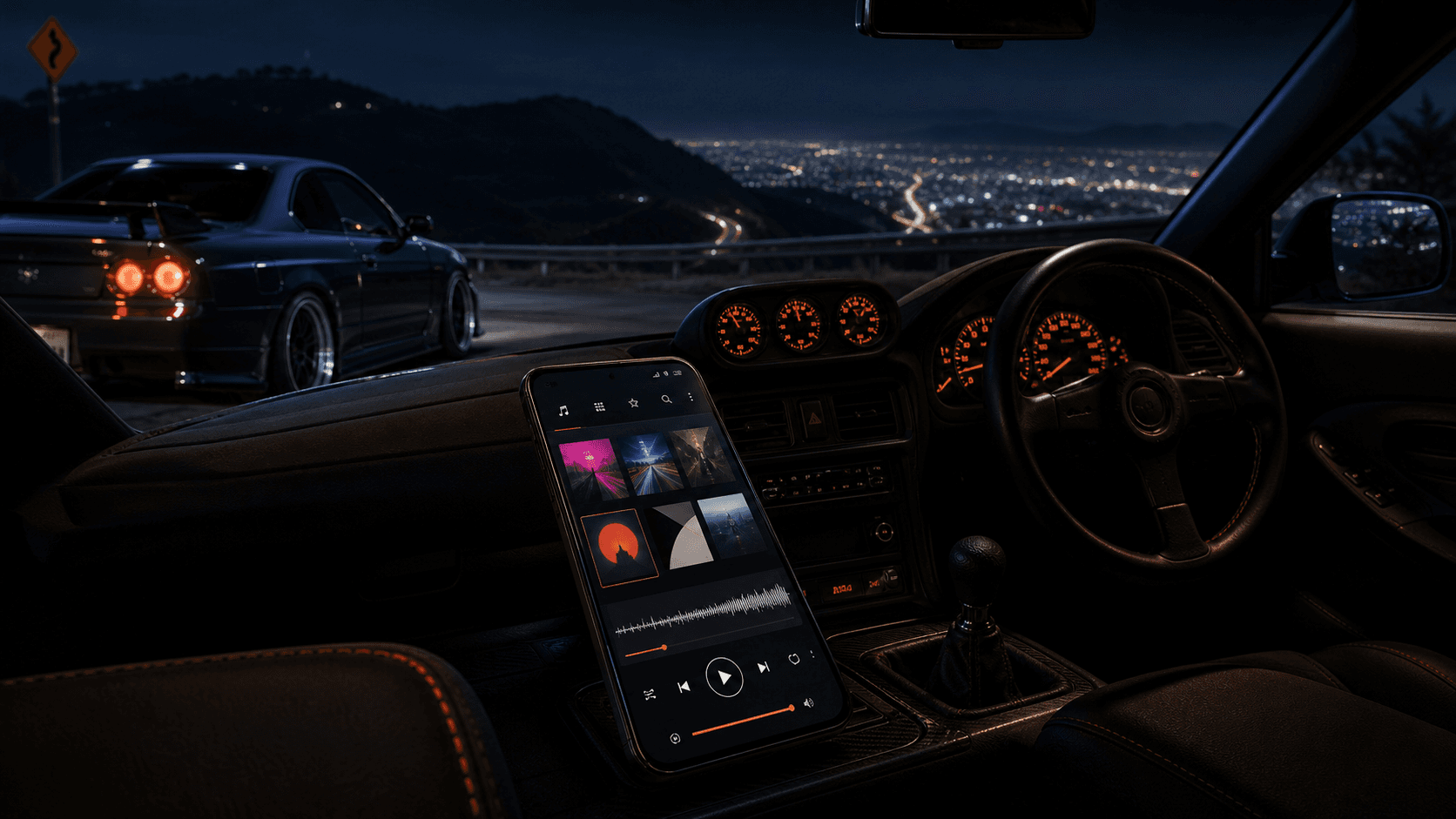 AI-generated concept of a music app inside a modified car overlooking a city at night