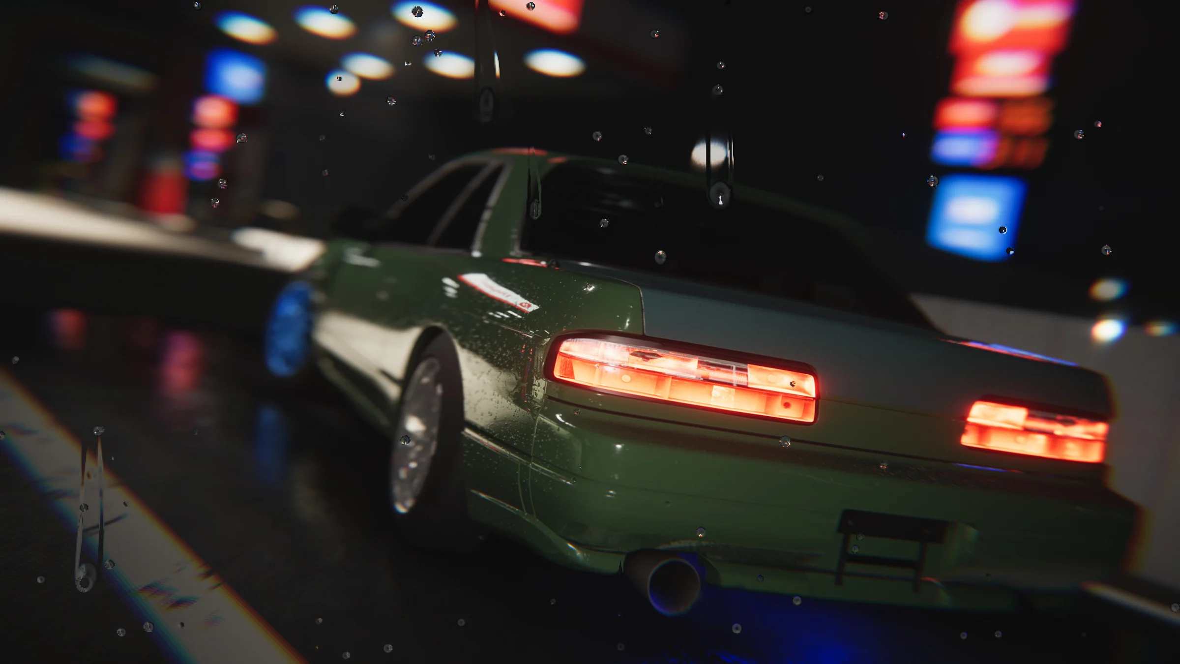 Close rear view of the green coupe with illuminated tail lights and blue light beneath the rear bumper