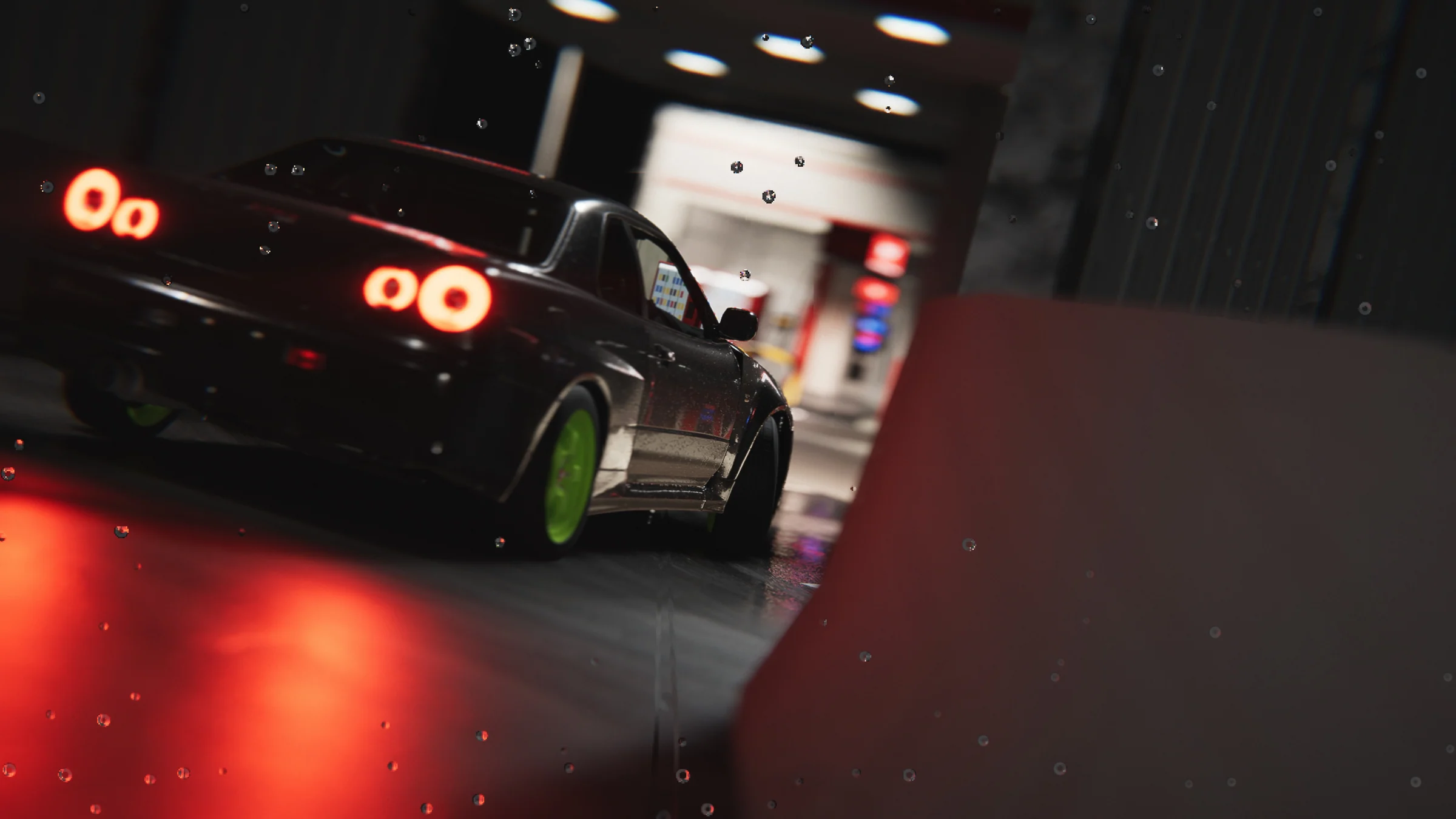 Low rear-quarter view of the dark coupe with lime-green wheels and round tail lights reflected on the wet pavement