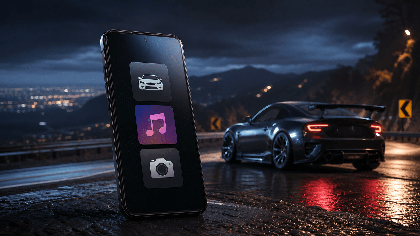 AI-generated concept of the Project Tourge phone beside a car on a mountain road