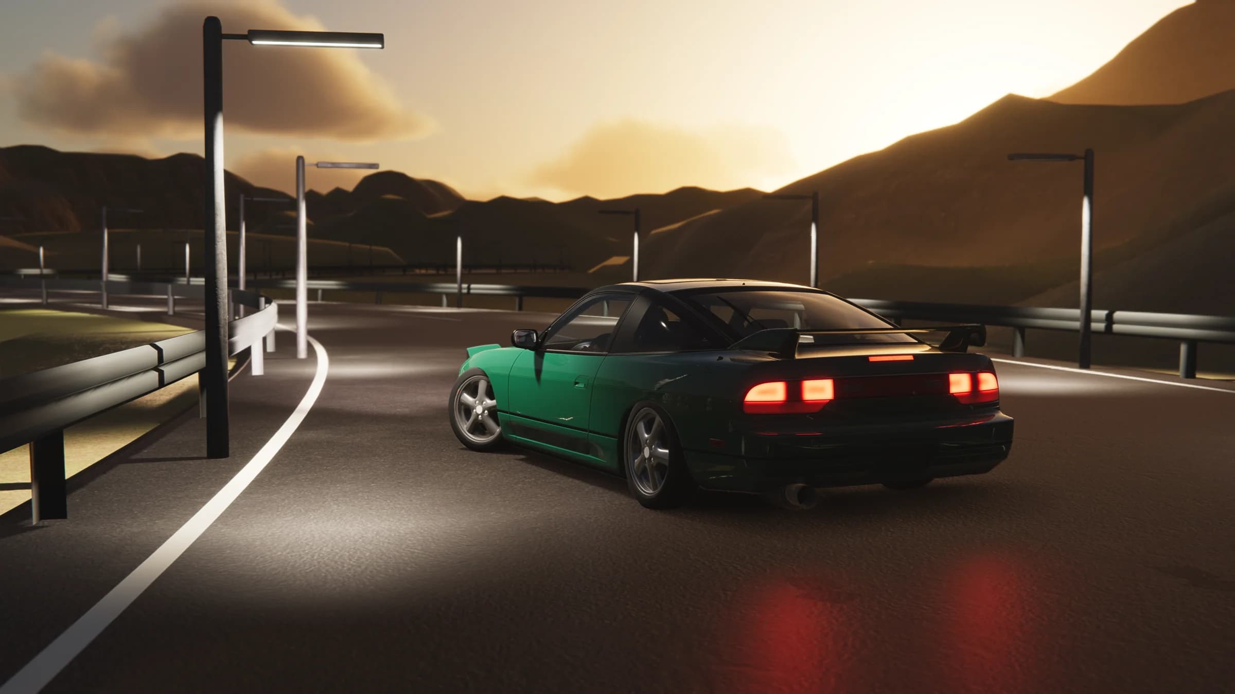 Green Project Tourge coupe on a mountain road at sunset