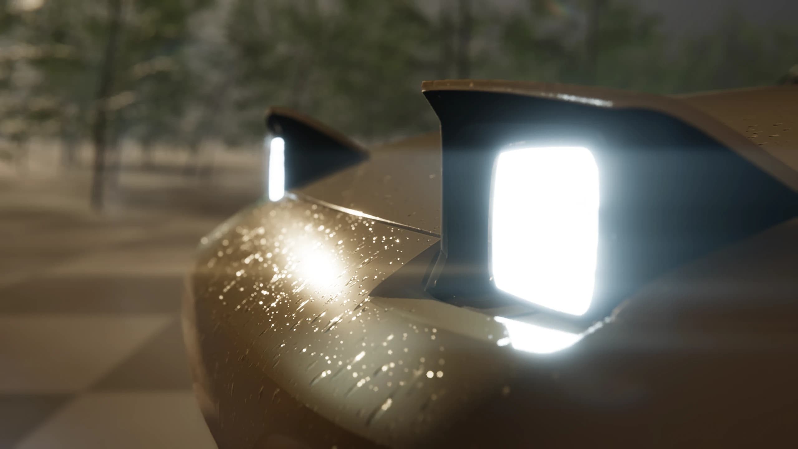 Raised pop-up headlights glowing through rain droplets