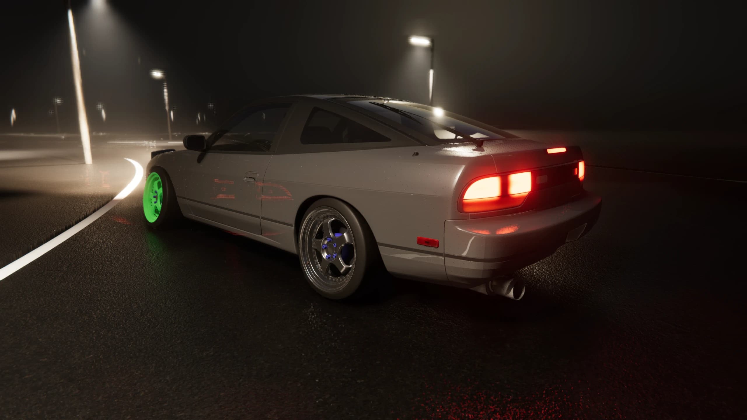 Project Tourge car driving on a wet road at night