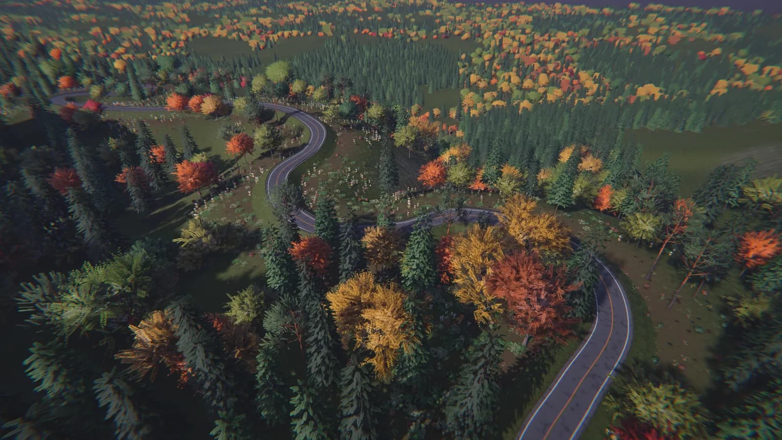 Aerial view of a winding road through dense forest with yellow, orange and red autumn trees